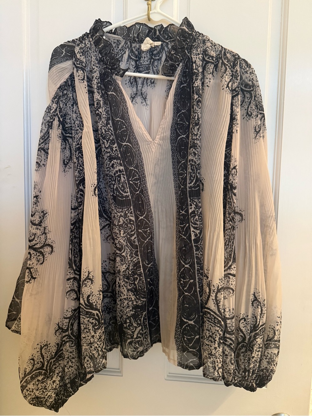Anthropologie Pleated Paisley V-Neck Blouse - Blush & Black